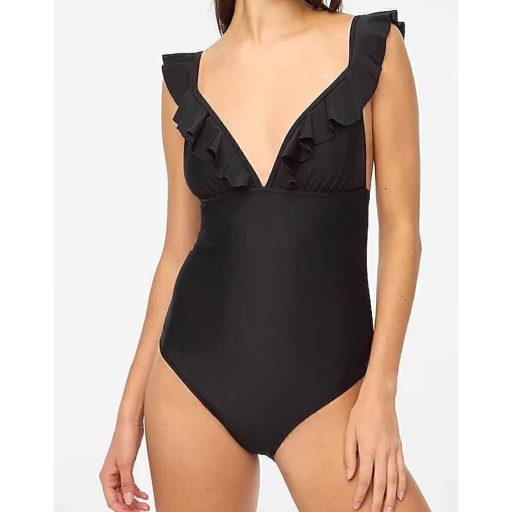 J. Crew Ruffle Shoulder V-Neck One Piece Swimsuit Black NWT Large